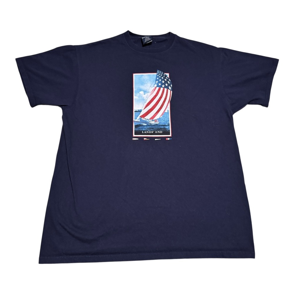 2000s Land's End Nautical Boat USA Flag Navy Blue Cotton Shirt Men's M Oversized